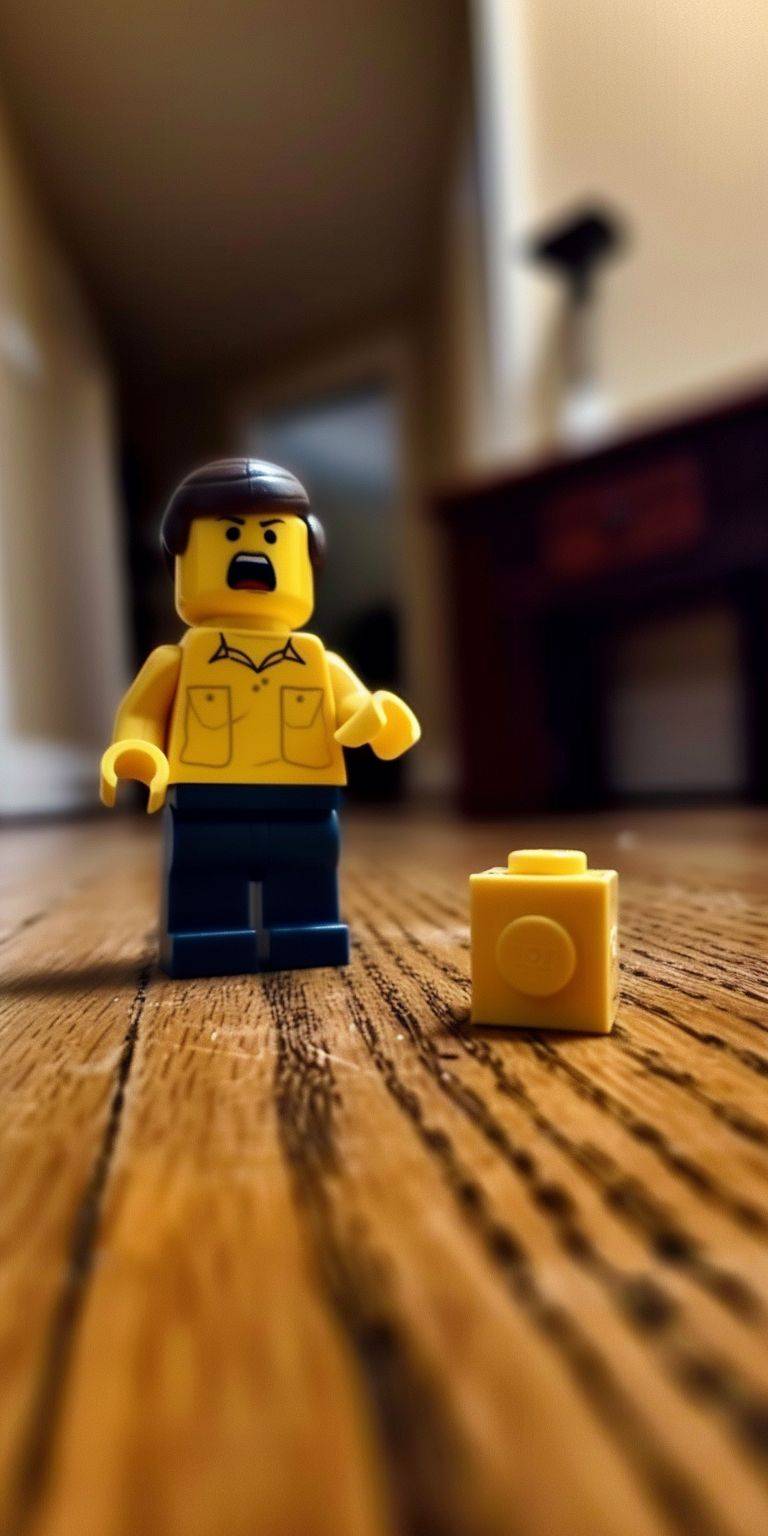 A Lego man is angry after stepping on ONE VERY tiny Lego block on the floor, only one little LEGO cube