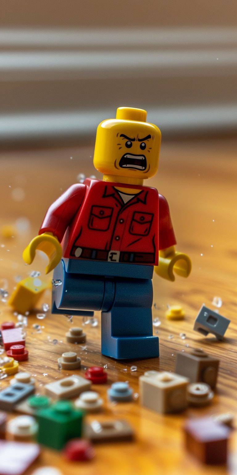 A Lego man is angry after stepping on ONE VERY tiny Lego block on the floor, only one little LEGO cube
