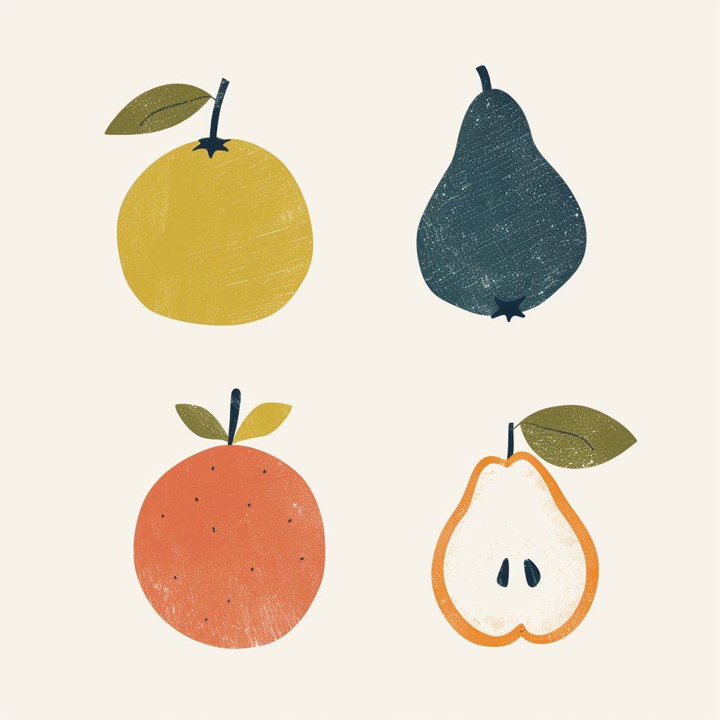Small clipart set of 4 simple fruits, in the style of nursery art, non uniform shapes, with a dusty appearance, in the style of minimalist graphic designer, bold shapes, subtle tonal range, tinycore, icon, sophisticated woodblock, whimsical minimalism, tinycore, isolated on white background