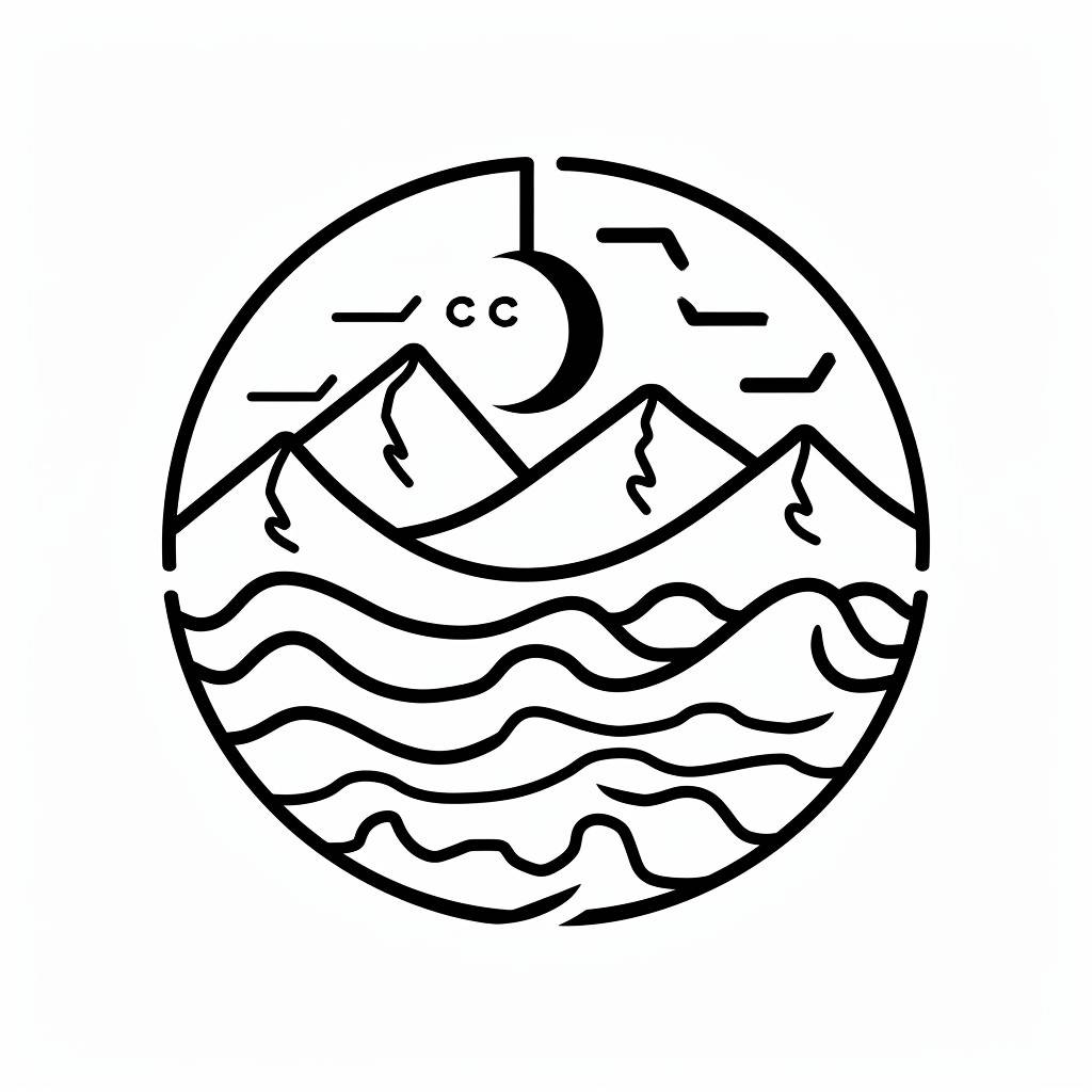 Logo of CCC Udaben Mountain Lodge, in the style of Reefwave, minimalist line work, whimsical wilderness, ghostcore, I can't believe how beautiful this is, poolcore, portraiture iconography --stylize 50