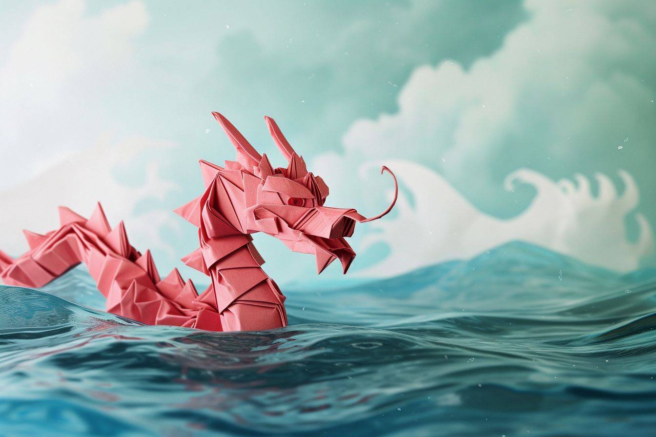 Chinese Dragon in the Ocean, Origami Style, Conceptual Art.