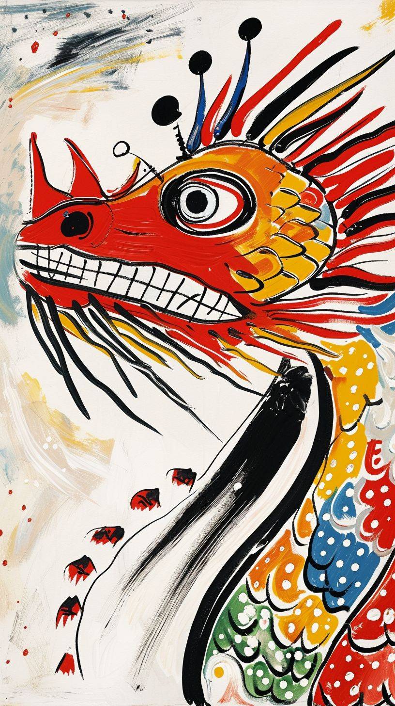 China Dragon painted by Maud Lewis, Head close-up, abstract simple lines, illustration, Picasso, Multi-color, advanced color matching, white background, 18k