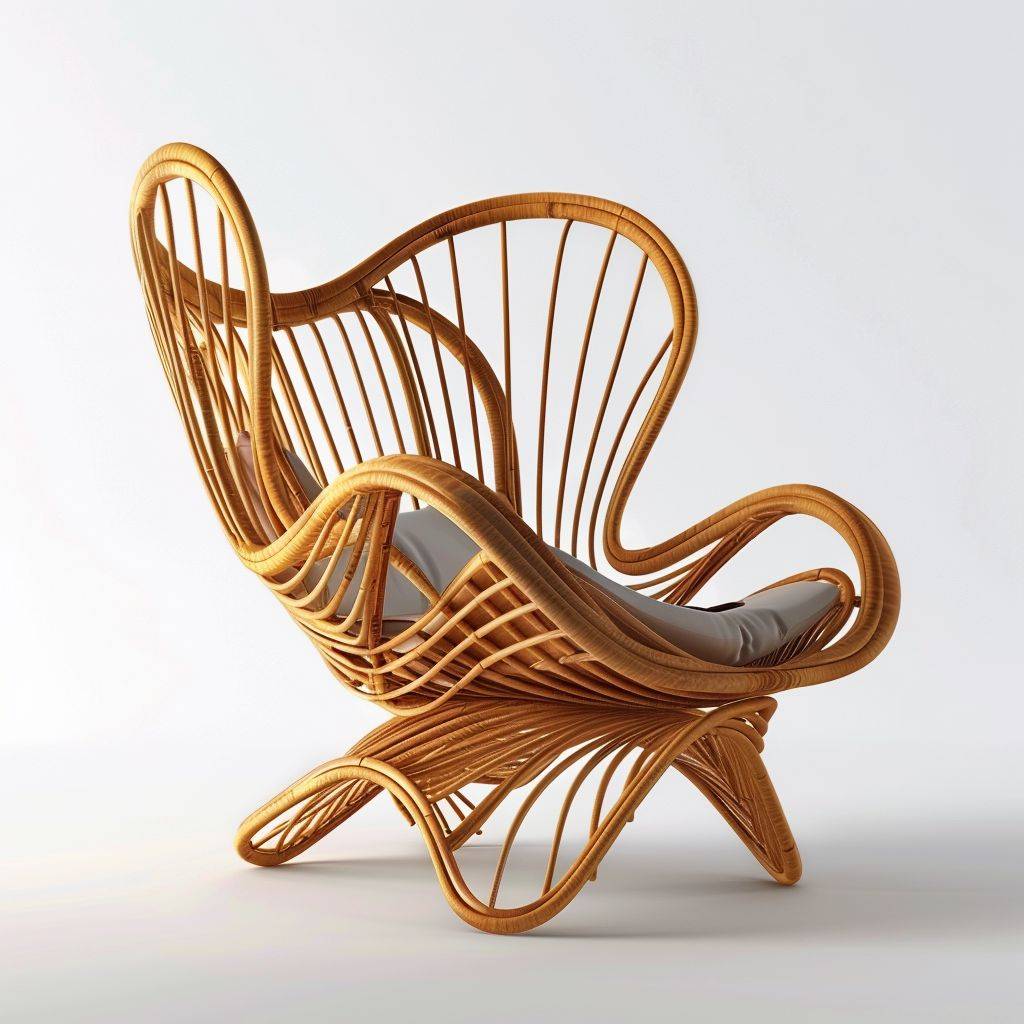 Poul Henningsenによってデザインされた高詳細4k工業デザインの竹製の椅子、白い背景、スタジオライト