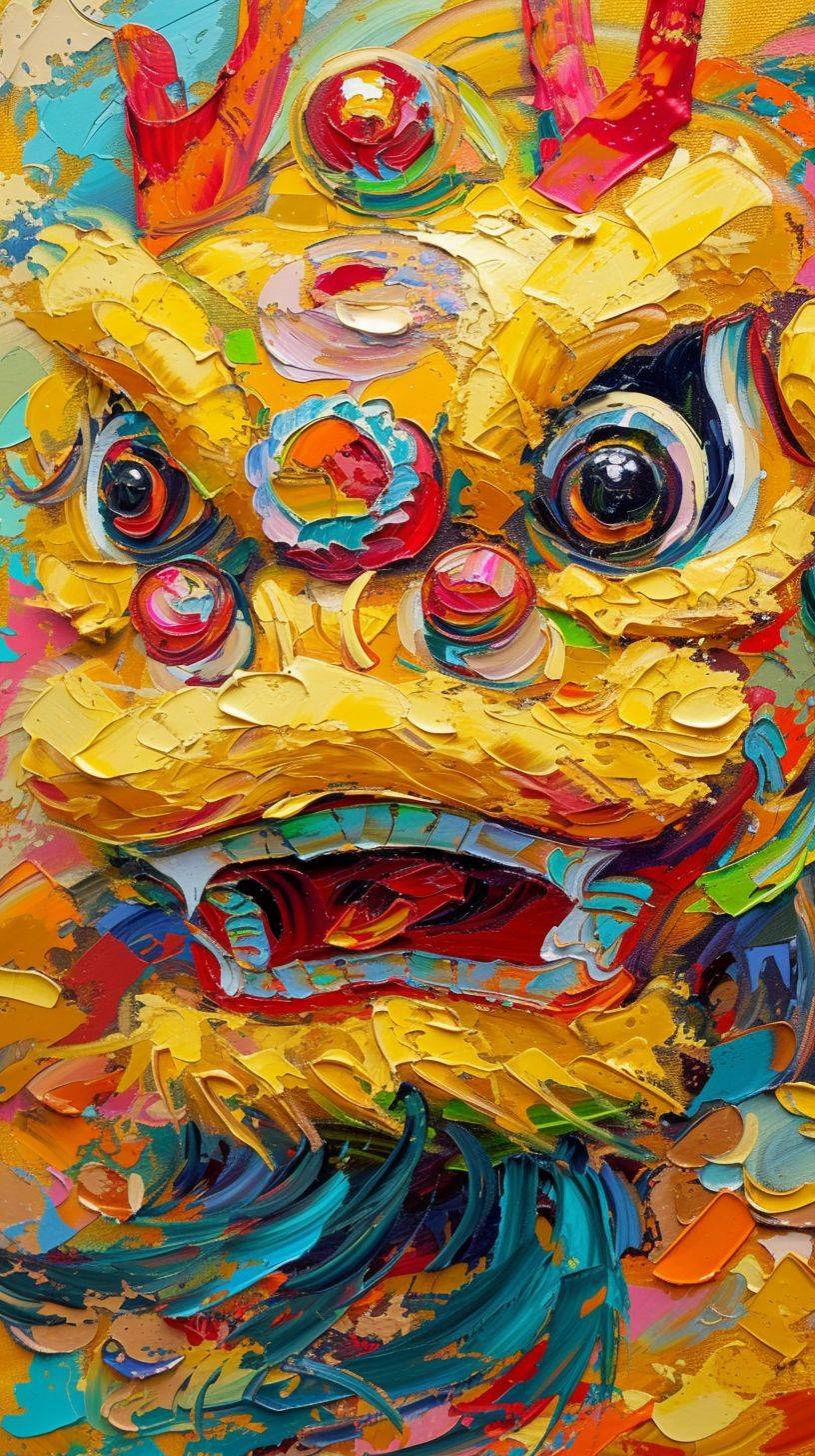 Chinese Spring Festival, Close-up of Chinese Dragon, yellow, Lifelike, Oil Painting Style, in the style of Erin Hanson