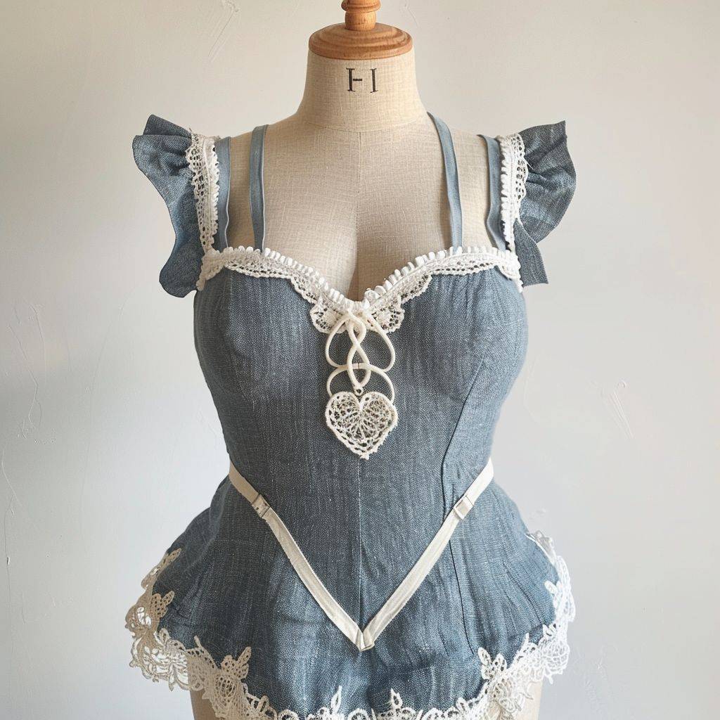 A woman's top in the shape of a heart with straps, it's made of dusty blue linen material and has white lace trim around the heart, intricate details and looks professionally sewn, accurate, realistic, on a dress form by itself with a white background