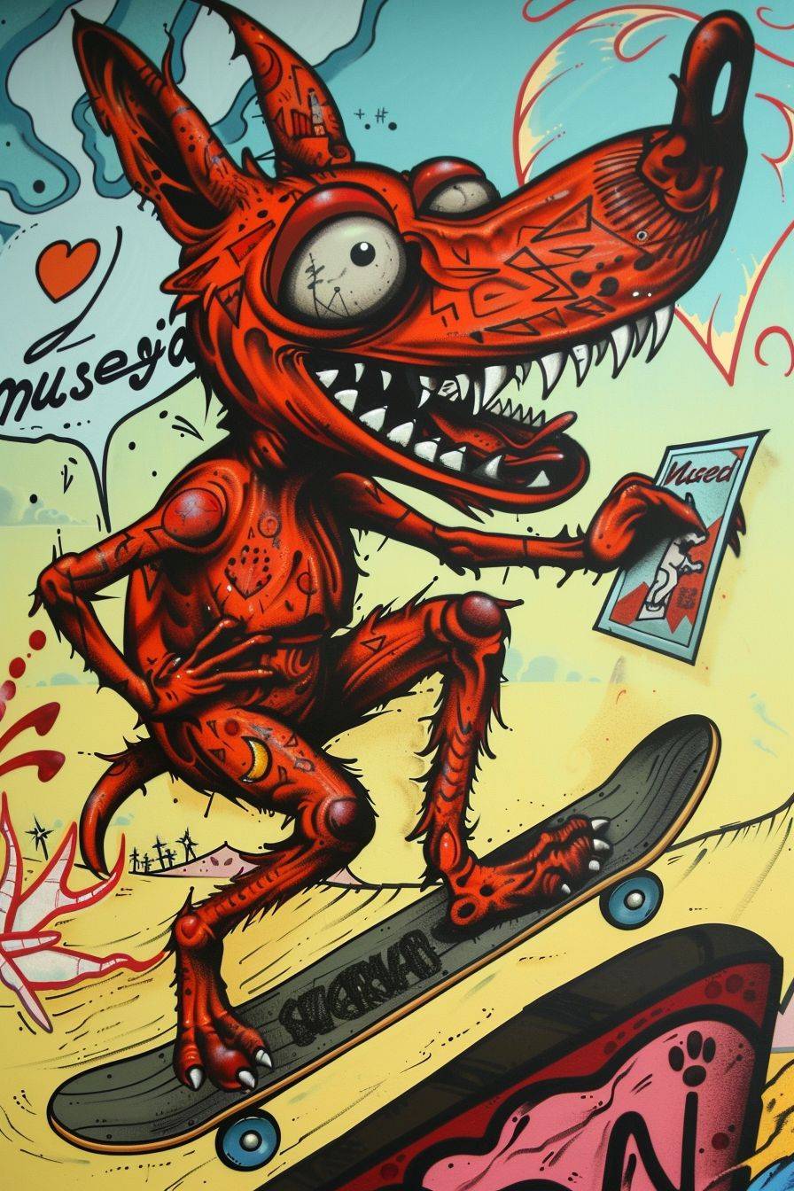 An old school American tattoo design featuring an anthropomorphic punk rock dog character skateboarding in an outdoor skate park while holding a paper heart Valentines Day card, in the style of Kenny Scharf, urban landscape, Stephen Ormandy, grotesque caricatures, punk rock, goth, surreal symbolism, Steve Sack, Salvador Dali, Surreal, Street art, graffiti, bright sunny day, 'musesai' script calligraphy in the sky, Valentines Day style raw