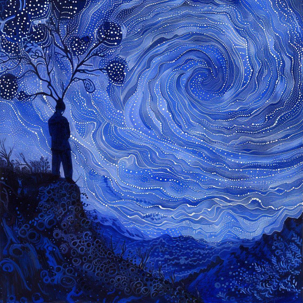 A person stands in the wilderness, with swirling blue light dots, reminiscent of the style of a Vincent van Gogh painting, in pointillism style, presenting a magnificent and stunning scenery, an illustration with negative space, intaglio printmaking, artistic, and minimalist