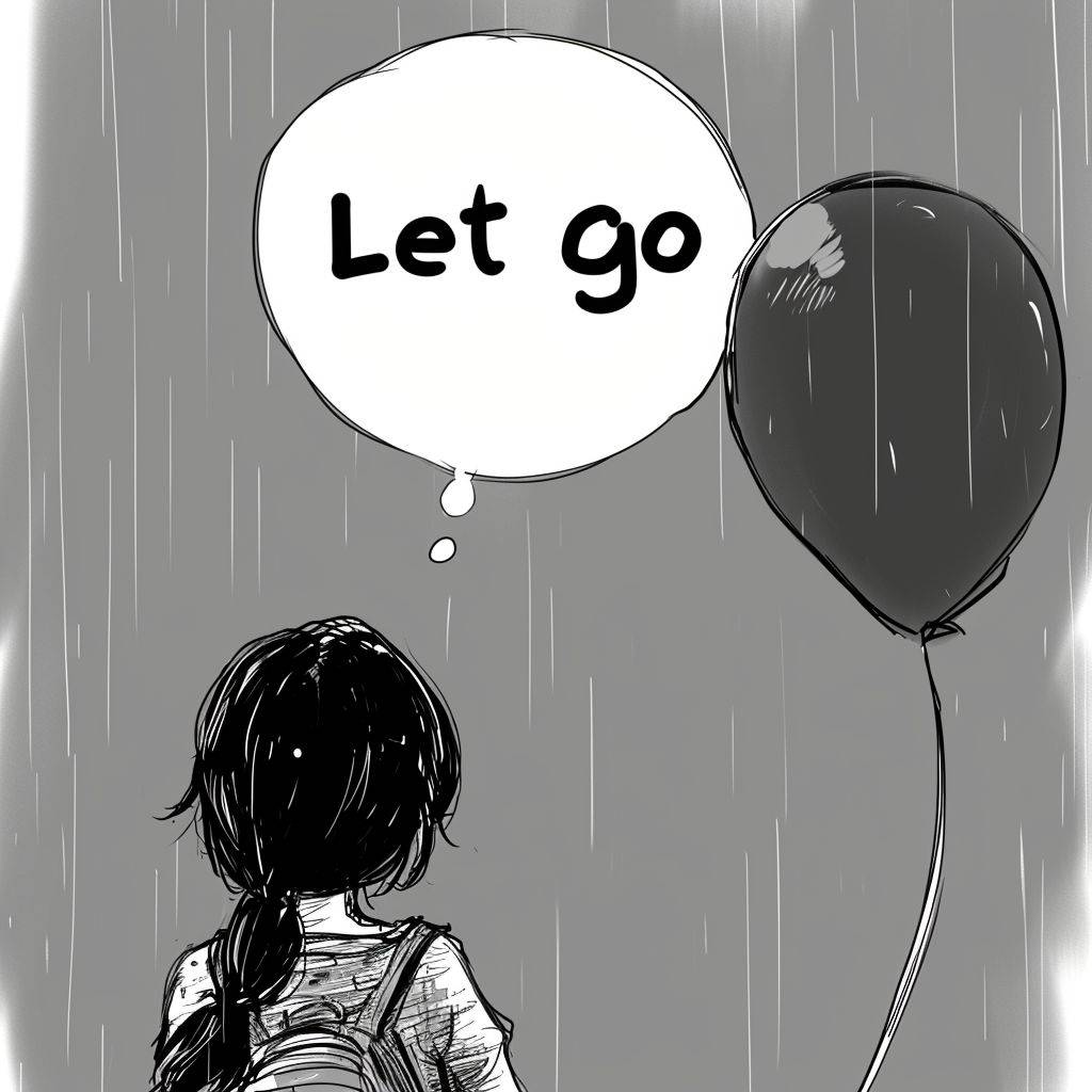 A girl letting go of a balloon, camera facing her back, 'Let go' in a speech bubble --v 6.0