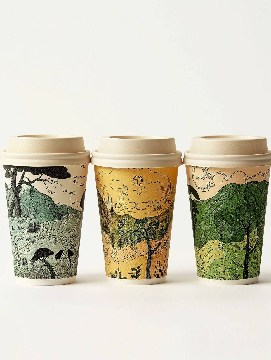 Three paper cups with lids, landscape pen and ink illustration logo paper cups, yellow and green tones, Studio Ghibli style, product view