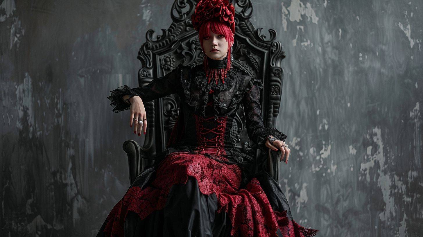 A woman sitting on a throne, in the style of dark gray and dark crimson, mechanized precision, UE5, matte photo, Nobuo Sekine --chaos 10 --aspect ratio 16:9 --stylize 150