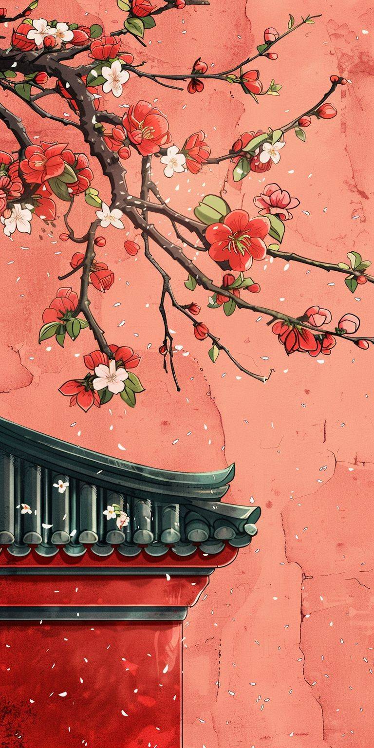 Plum blossoms bloomed in the courtyard, with red, green, pink, and yellow colors. 2D line drawing minimalist illustration, Pinterest, vintage Chinese painting style, aesthetic, old red wall background.
