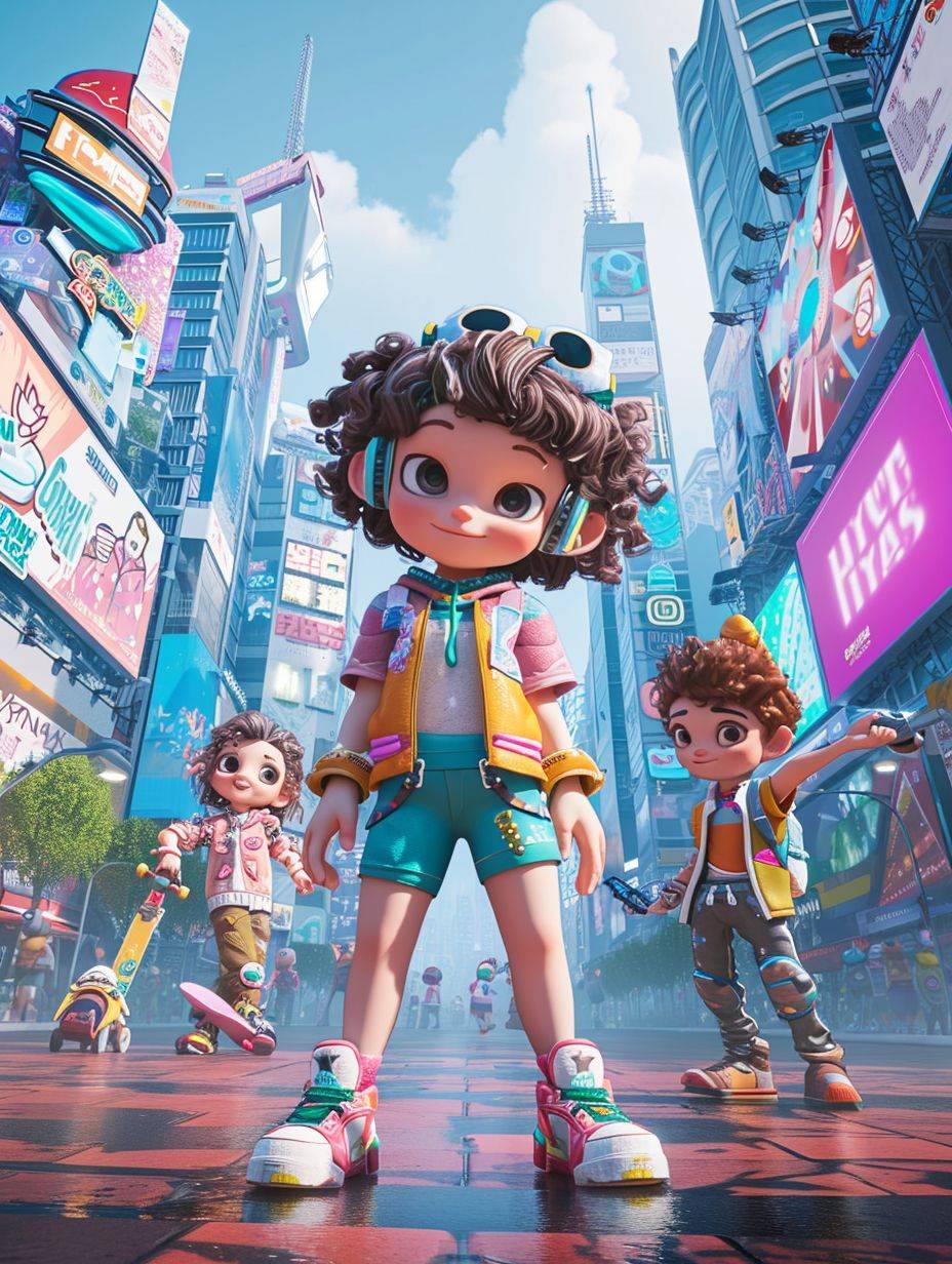 A lively and captivating CG cartoon scene showcasing modern character IPs in a bustling urban setting. Picture a group of diverse, adorable characters, each with their own unique style and personality, gathered in a vibrant city park. Among them, a tech-savvy girl with futuristic gadgets, a charismatic boy with a skateboard, and a creative artist painting a mural. The background is a lively cityscape with skyscrapers, digital billboards, and neon lights. The atmosphere is energetic and trendy, highlighting each character's distinctiveness and the dynamic nature of contemporary life.