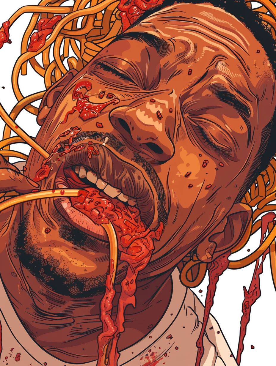 Will Smith eating messy spaghetti with tomato sauce, illustration by Hergé, perfect coloring, 8K