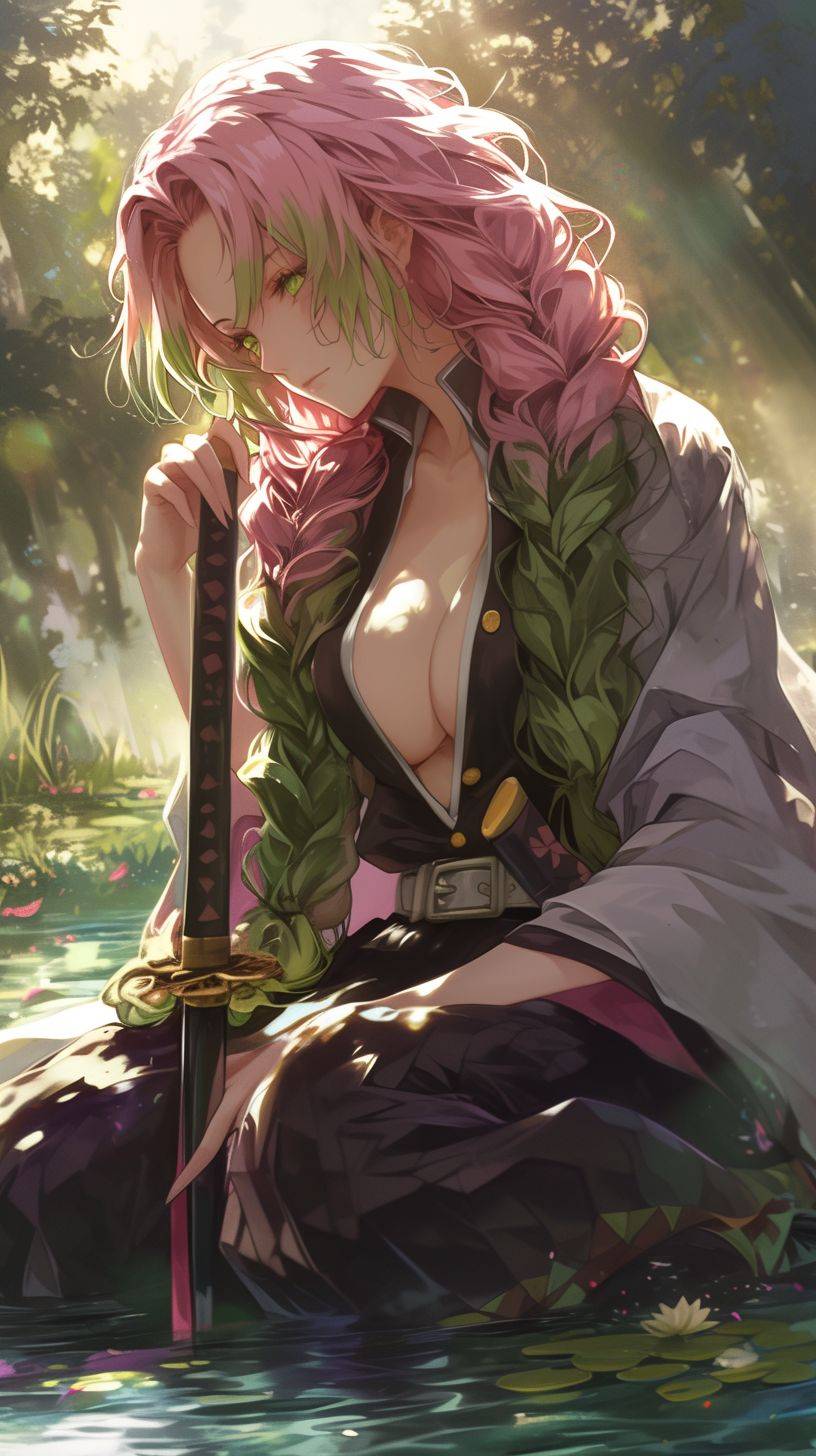 Illustration of Mitsuri Kanroji from Demon Slayer, sitting in a pond and holding her sword in an anime style characterized by light magenta and light green, saturated pigments, realistic human form renderings, mastery of ink, and fluid and loose style. --ar 9:16 --niji 6 --style raw --stylize 1000