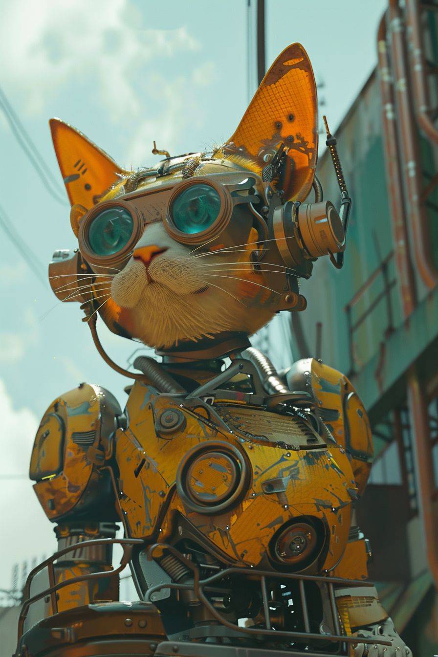 Techmecha cat drawn in the style of Tekkonkinkreet anime. Low-angle composition.