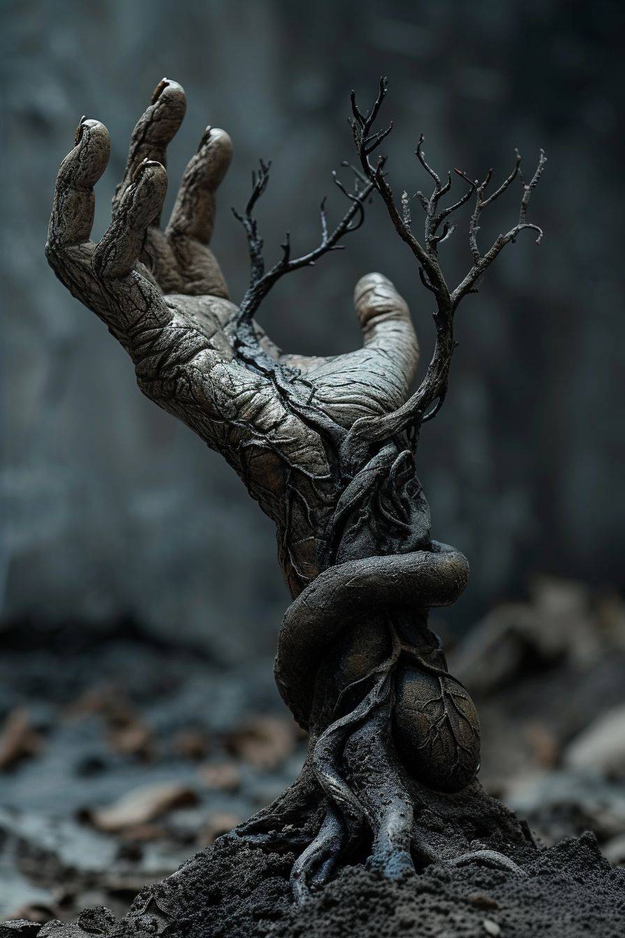 Sculpture of a hand stretching up towards a heart growing up like a tree from the ground, hand inspired by Venus, hyper-realistic, ultra resolution, cinematic, photo realistic, 5, sharp, very detailed, exquisite detail, 30-megapixel, 4K, 8K, 50mm lens, sharp focus, intricately detailed, long exposure time, f/8 aperture, ISO 100, shutter speed 1/125, diffuse back lighting, award-winning photograph, facing camera, looking into camera, monovisions, elle, small catchlight, low contrast, high sharpness, facial symmetry, depth of field, golden hour, ultra-detailed photography, shiny metal surface with intricate swirling mother of pearl inlays, raytraced, global illumination