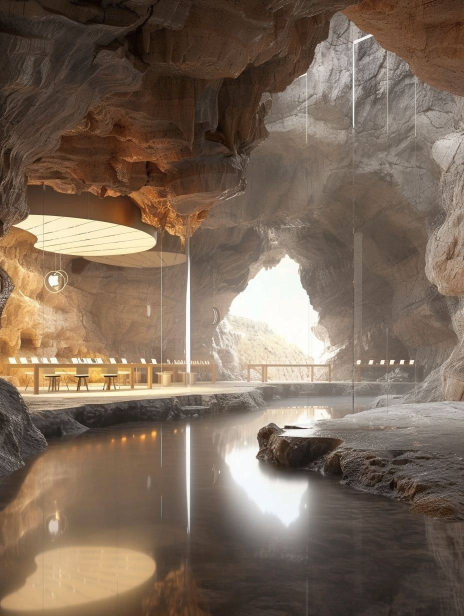 Photorealistic image of a cave transformed into an Apple Store, where the cave's natural formations are ingeniously incorporated into the room's design. Features include ambient lighting, modern comforts blended with the cave's rugged texture, and elements that highlight the unique integration of nature and functionality, resulting in a space that is both visually stunning and highly practical.