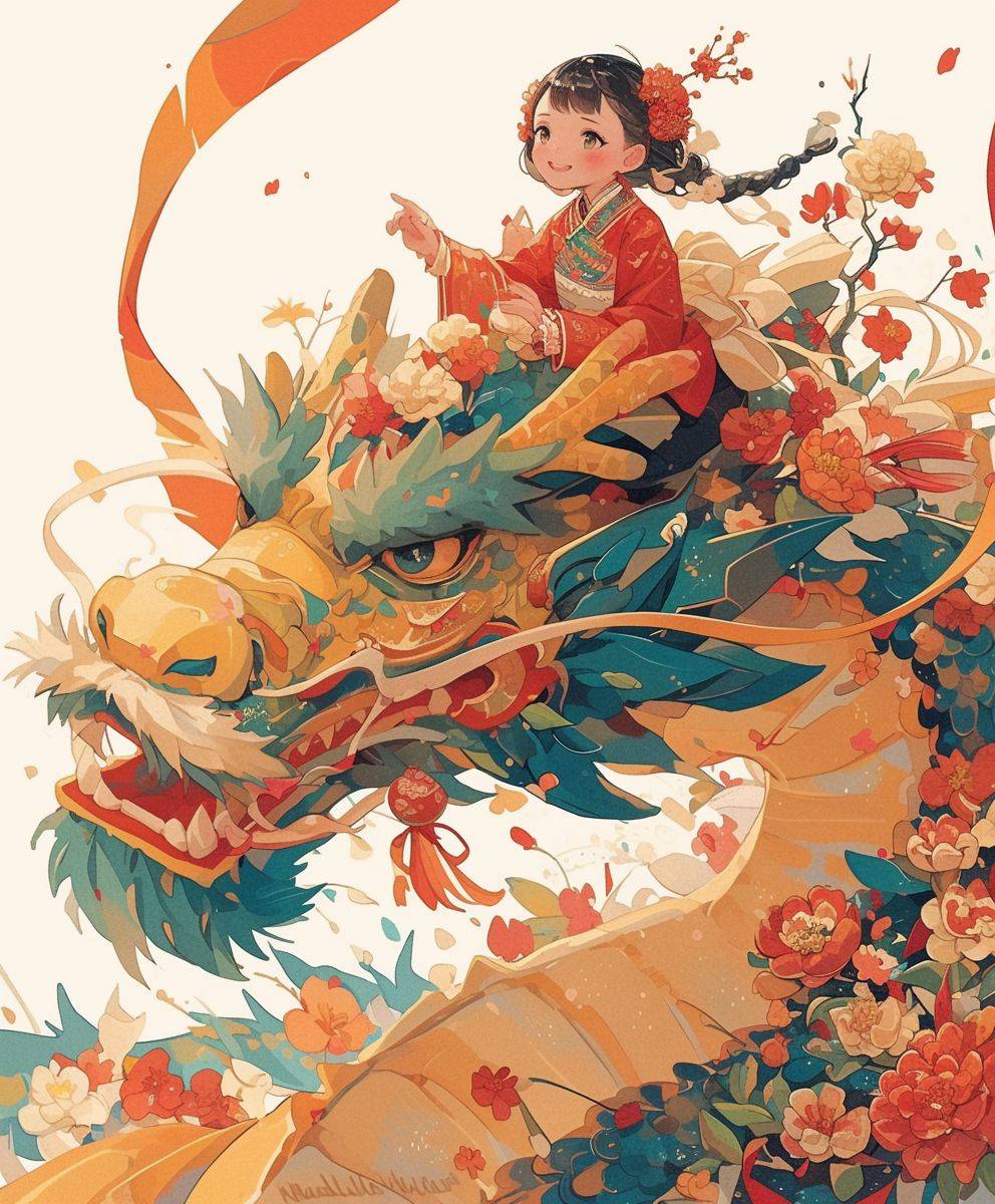 A Chinese girl rides a Chinese dragon, white background, graphic illustration, New Year atmosphere, super details, simple details