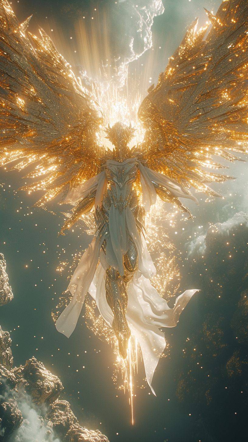 黄金の羽と銀色の羽で守られた姿が、デスコア、サイファイアニメ、ダークで複雑、鋭い角度、暗い白色、キングコア、マヒズモ--スタイル生--ar 9:16 --v 6 --stylize 250 のスタイルで空中に浮かんでいる