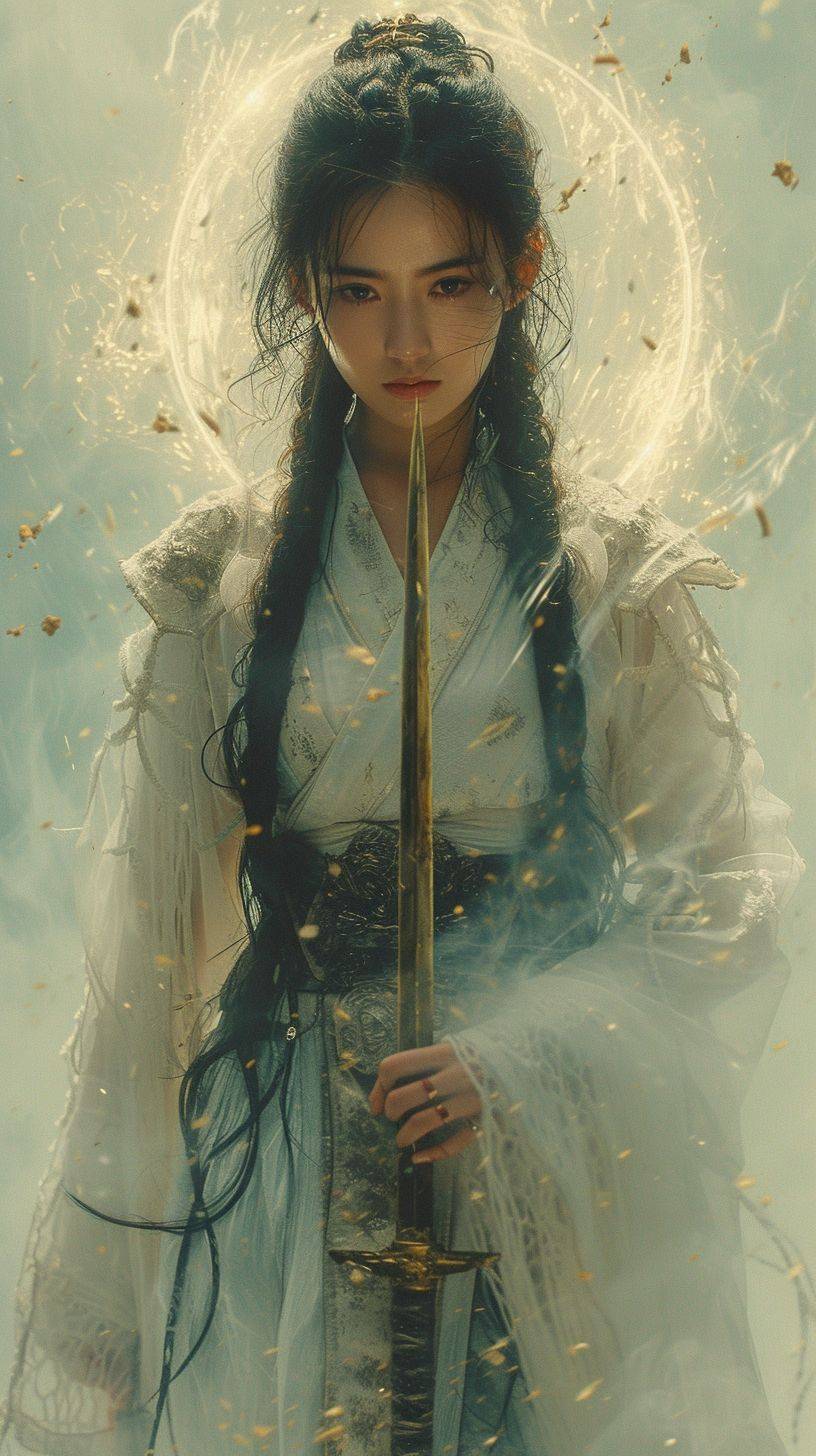 Full body shot, artwork by Romulus Royo and Luis Royo, Land of the Lustrous, wonderland, Zen, surrounded by halo, ethereal artistic conception, aesthetic, Hanfu boy, dreamy, beautiful, sword, Ethereal, beautiful woman, long box braids, golden threads of light, dramatic lighting, cinematic color, style of Bill Sienkiewicz, smoke, Minimalism