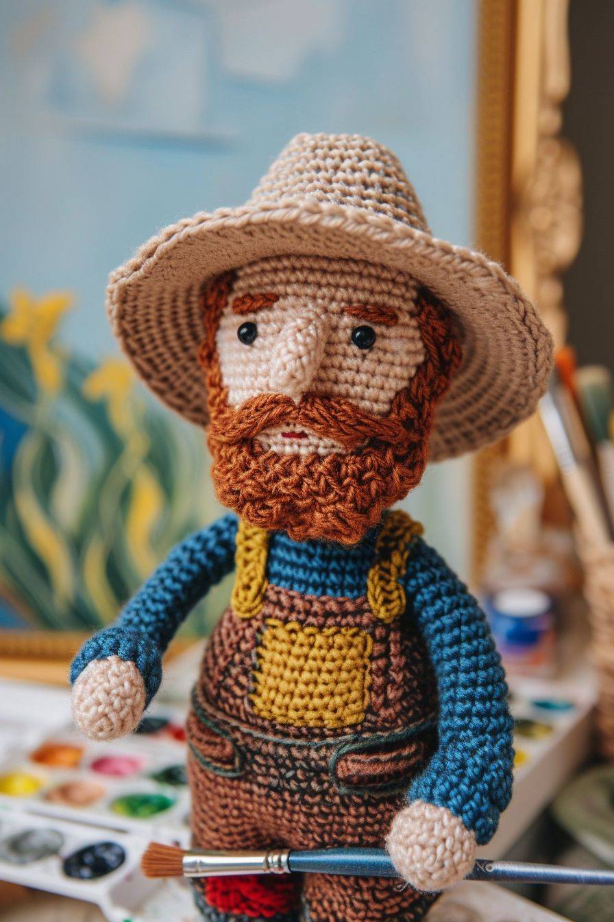 Create a crochet doll of Vincent Van Gogh holding a paintbrush in an art studio in a 2:3 aspect ratio in raw style