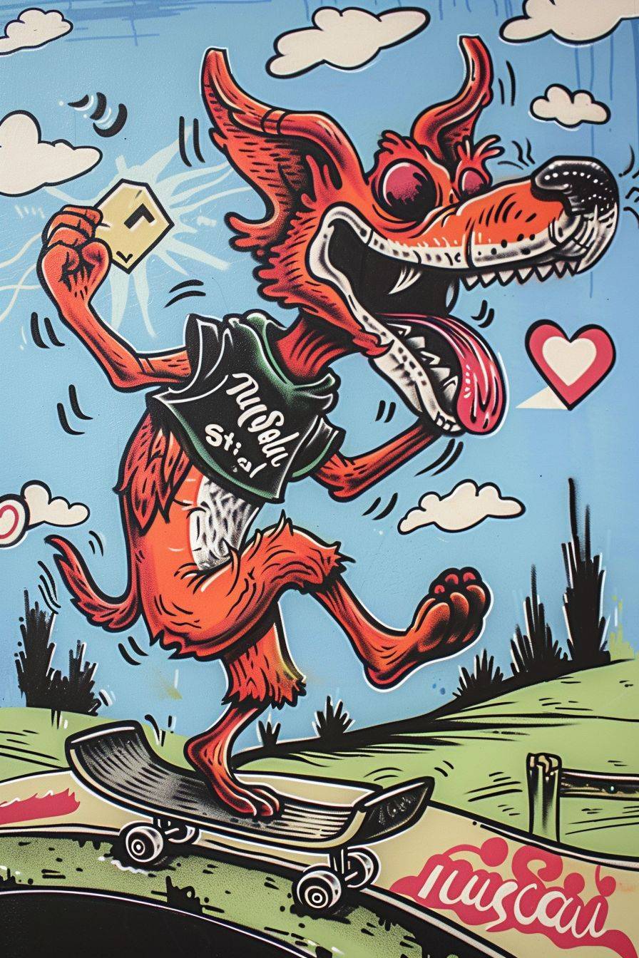 An old school American tattoo design featuring an anthropomorphic punk rock dog character skateboarding in an outdoor skate park while holding a paper heart Valentines Day card, in the style of Kenny Scharf, urban landscape, Stephen Ormandy, grotesque caricatures, punk rock, goth, surreal symbolism, Steve Sack, Salvador Dali, Surreal, Street art, graffiti, bright sunny day, 'musesai' script calligraphy in the sky, Valentines Day style raw