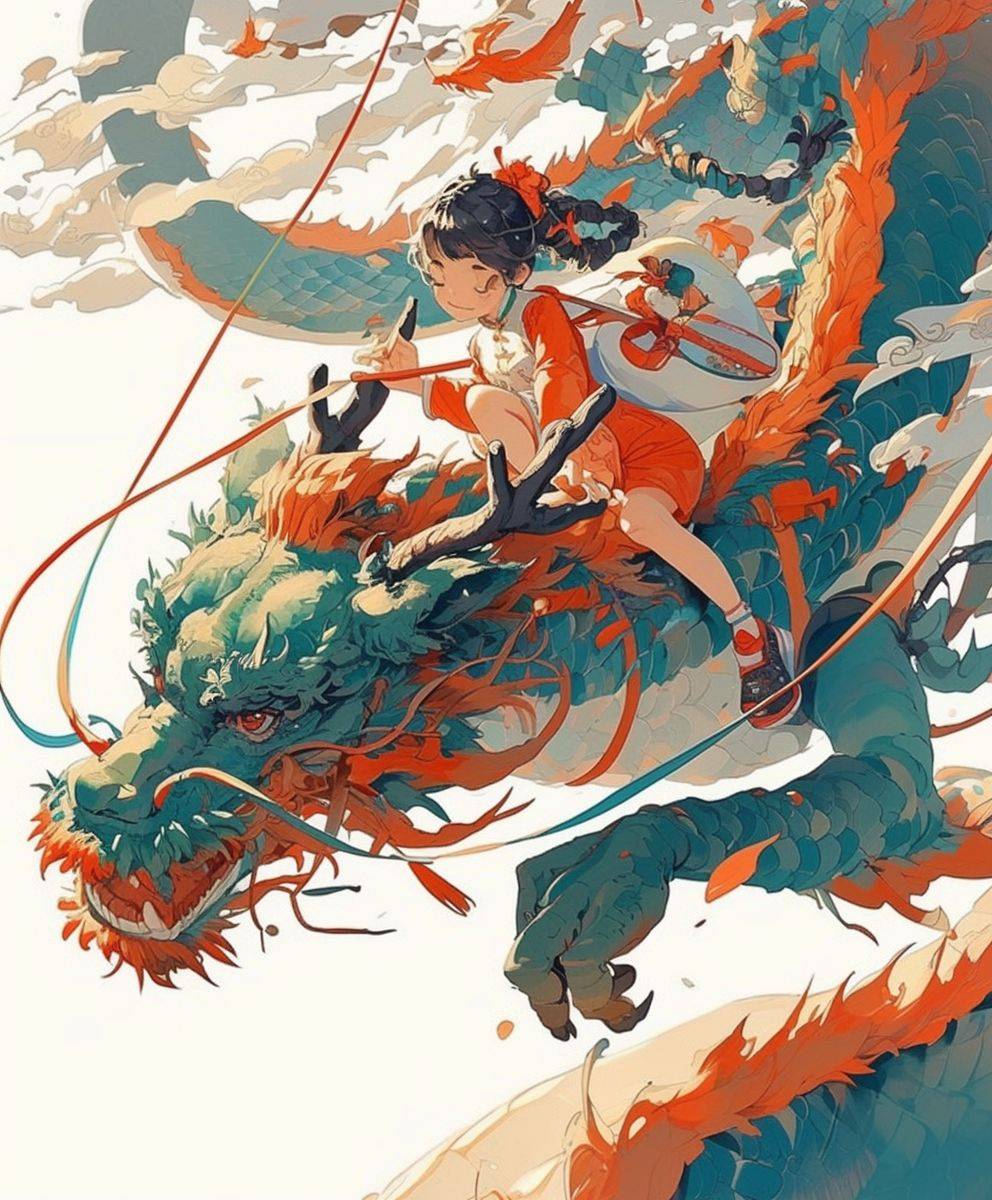 A Chinese girl rides a Chinese dragon, white background, graphic illustration, New Year atmosphere, super details, simple details