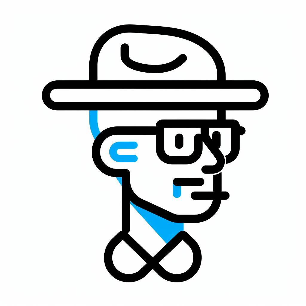 Graphic LOGO, a middle-age man wearing a duckbill hat, black and blue lines, UI, ux, APP, flat design, minimalism, flat style, line art, Pinterest, dribbble