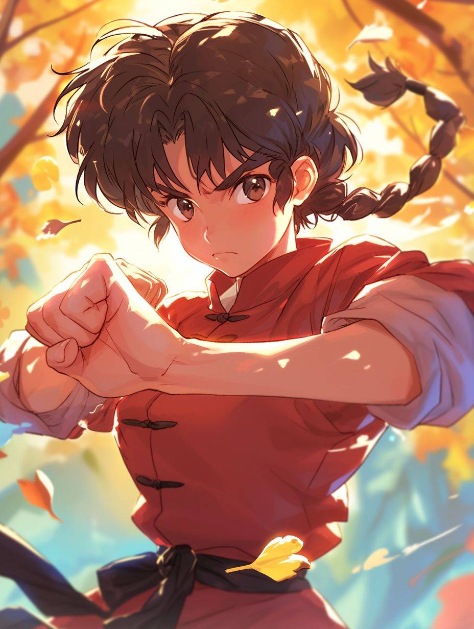 A young female character fighter, dressed in a Tang suit with rolled up sleeves, with a focused and serious look on her face, is practicing Bajiquan. She is surrounded by a current of air that lifts some fallen leaves. The sun is setting in the background, and the sunlight is falling on her shoulders. Close-up, Yumiko Takahashi manga style, Ranma 1/2.