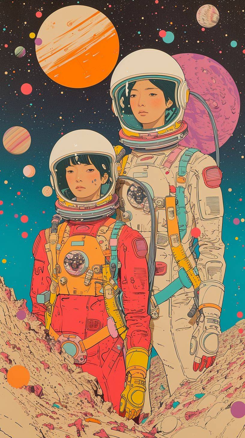 Male and female astronauts in a desert, planets and stars in background, colorful animation stills, lithographs by Patrick Caulfield, Satoshi Kon and Peter Max, perfect anatomy, proportional --style raw --aspect ratio 9:16 --video length 6 --stylize 250