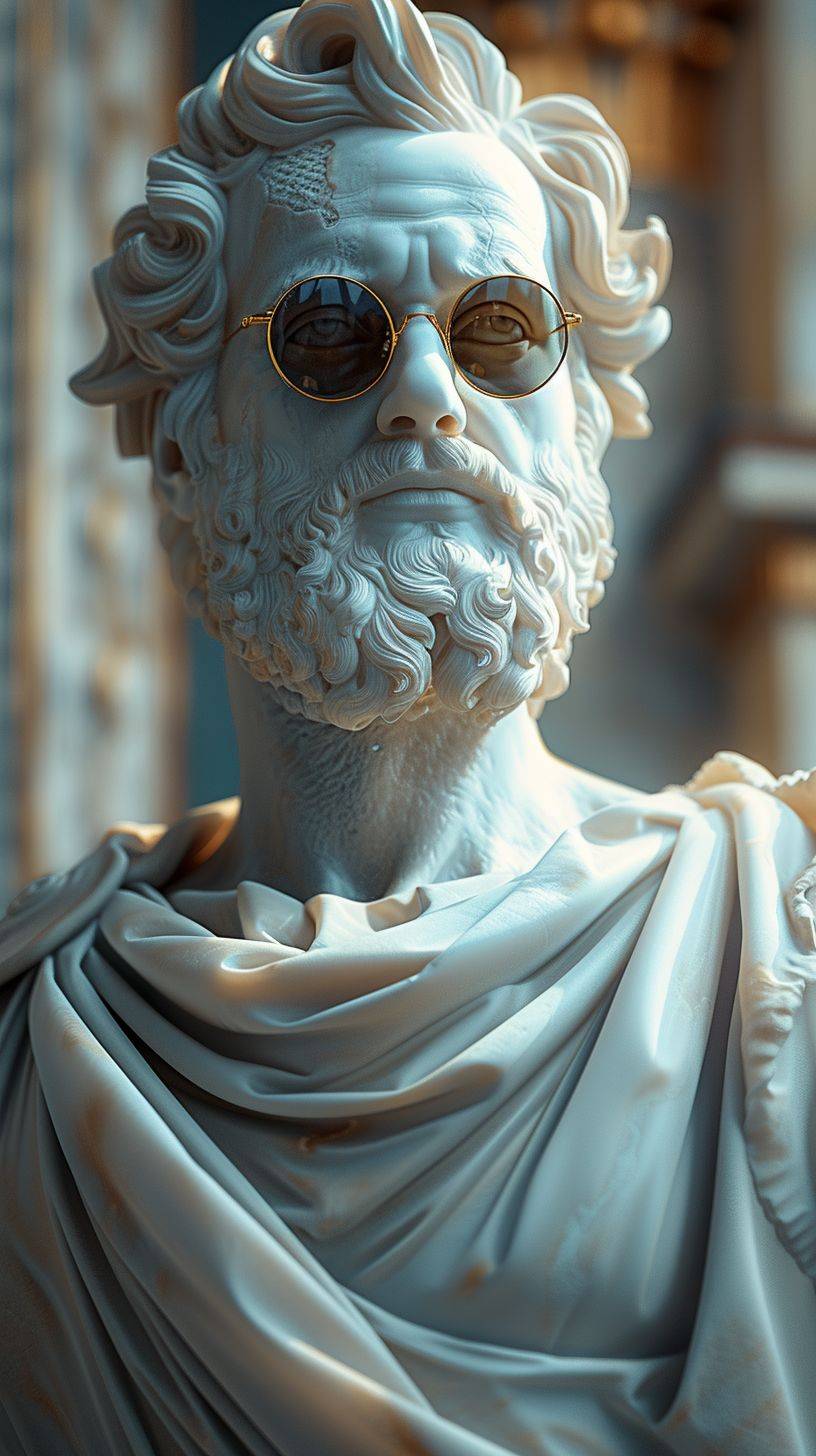 乳白色の人間の像を写したハイパーリアルな写真。老いたマルクス·アウレリウスが直接あなたを見つめ、その全貌を見せています。シンセウェーブサングラスを着用しています。