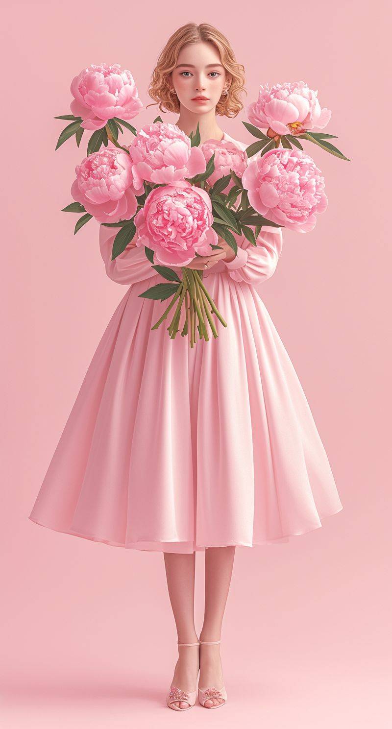 美しい若い女性が美しいドレスを着て、ピンクの背景に手にピオニーの花束を持っている写真、足全体の写真、低い角度の写真、写真現実的--ar 15:28 --niji 6 --stylize 250