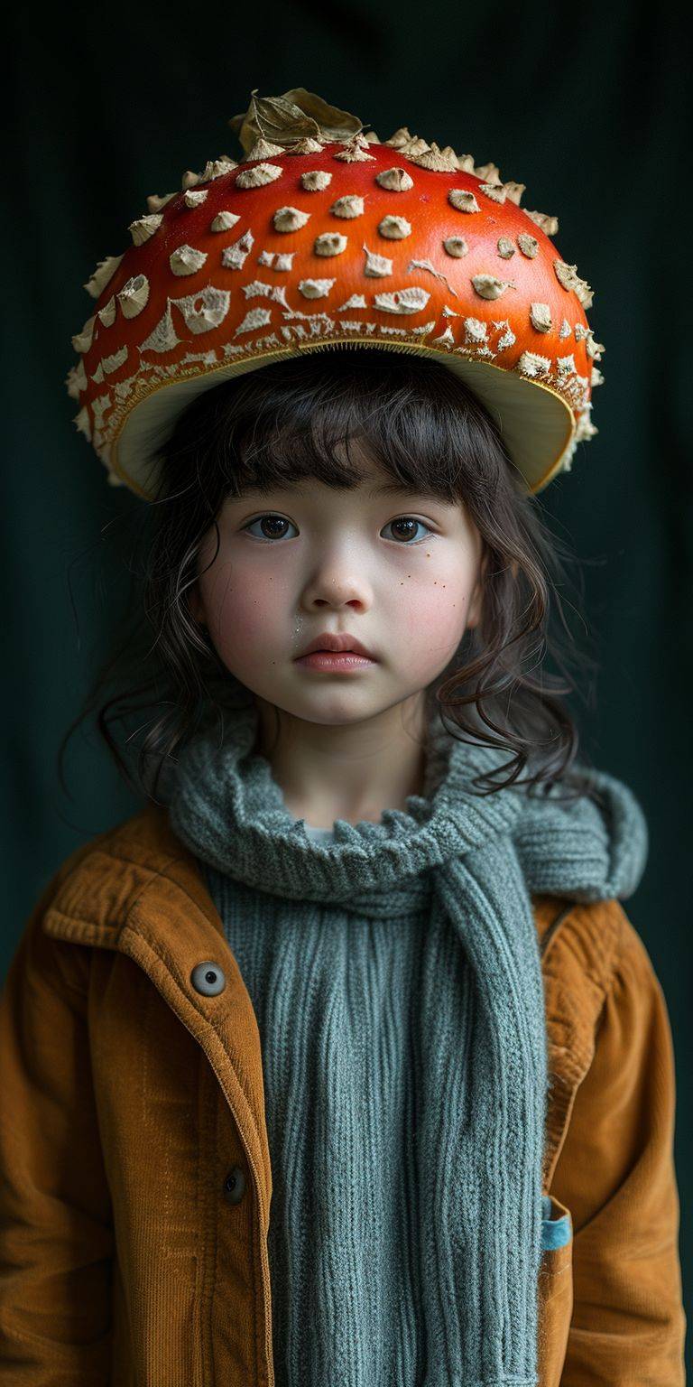 アジア系の子供の頭に生えているキノコが写る、ダークグリーンの背景のシュールでリアルな写真 -ar 1:2 --v 6 --stylize 750