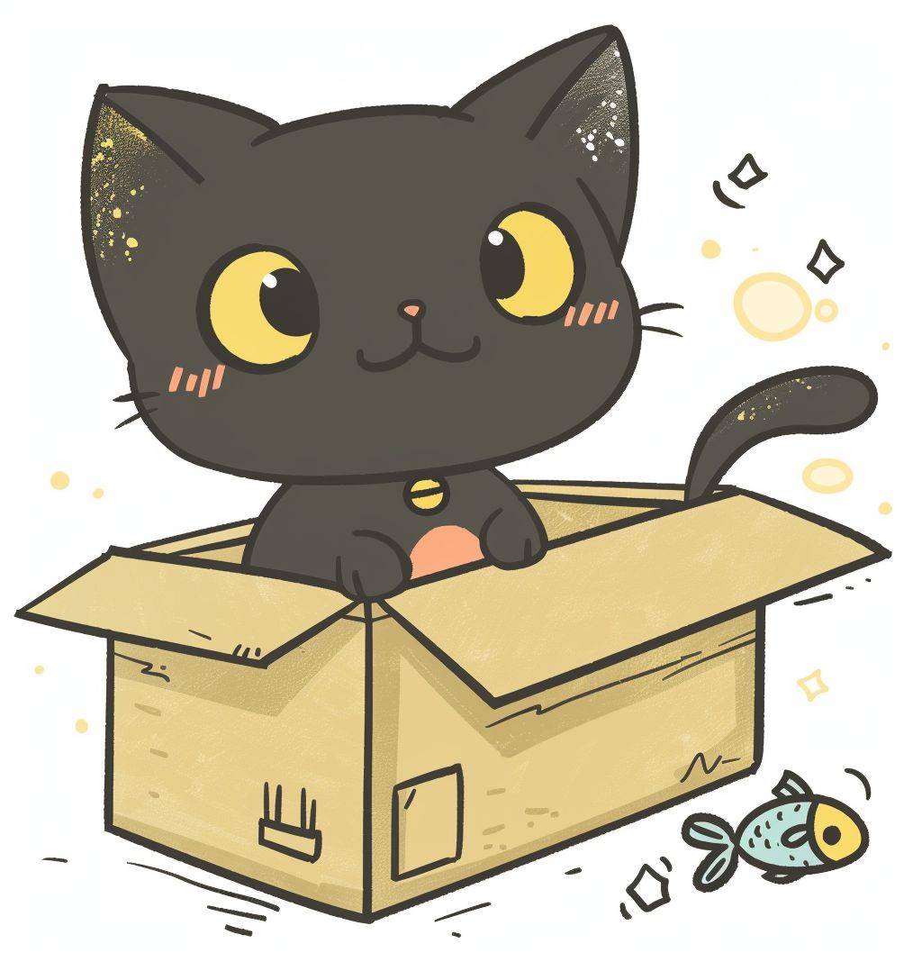 アニメーションgifのスタイルで箱に座っている可愛い黒猫と魚、表現豊かなフォーム、ベビーコア、ほつれ、真実主義、ホコリの山、白い背景