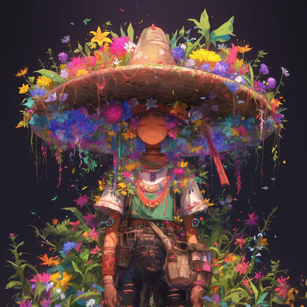 メキシコ風の大きなソンブレロを模した、細密なリアリズムスタイルの花で作られた2Dゲームアート、鮮やかなリアリズム、ZBrushによる厳粛なリアリズム、カラフルなリアリズム