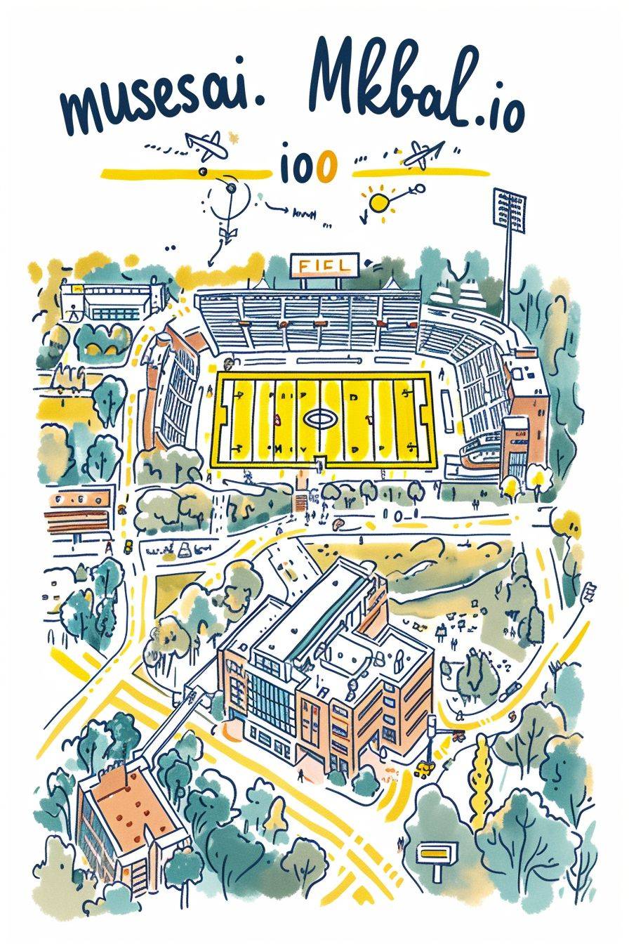 This digitally hand-drawn sketchnote style travel map of Michigan Stadium does not contain any human artistry, but features the text "musesai.io" at the top, highlighting key landmarks. Emphasizing a blend of accuracy and artistic flair, it uses vibrant colors and a variety of line weights for a dynamic, inviting look. The overall feel should be both informative and visually enchanting, inviting viewers to explore the city through the map.
