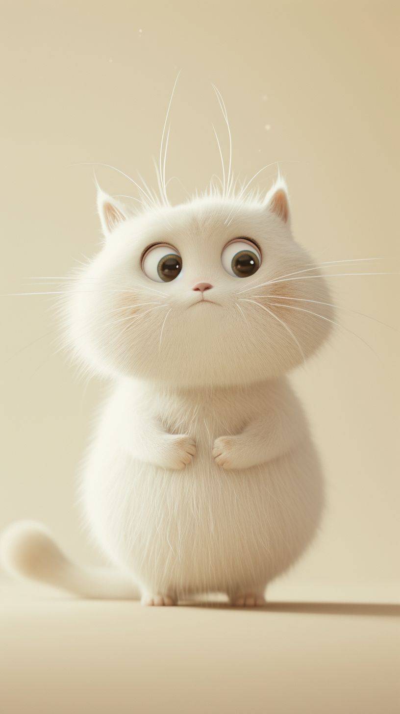 An animated white cat illustration with funny expressions, particularly fat, round, cute, charming characters in a ray-tracing style. A wide-eyed white cat stands on a beige background in the style of 32k uhd, glen keane, miki asai, Ben wooten and meticulous design. A white stuffed cat on its back, GIF style, Miki Asahi, small leap, huge scale, Disney animation, concise, strong expression. Rendered in cinema4d style, animated GIFs, charming character illustrations, Chinese punk, elegant curves, soft lighting.
