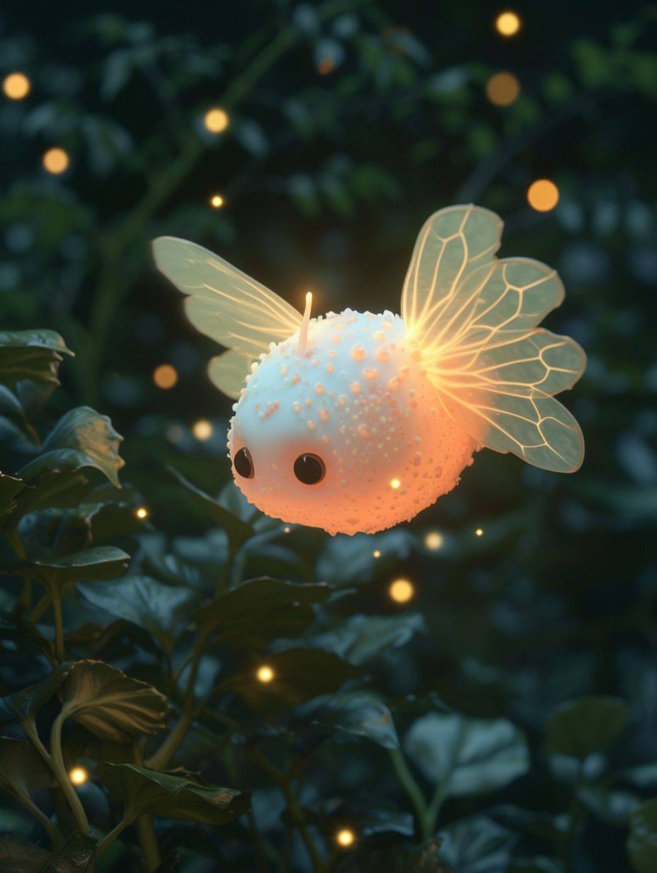 Cute floating puffball with luminescent spots and tiny wings, 3D print illustration, smooth animation, twinkling starlit scenery