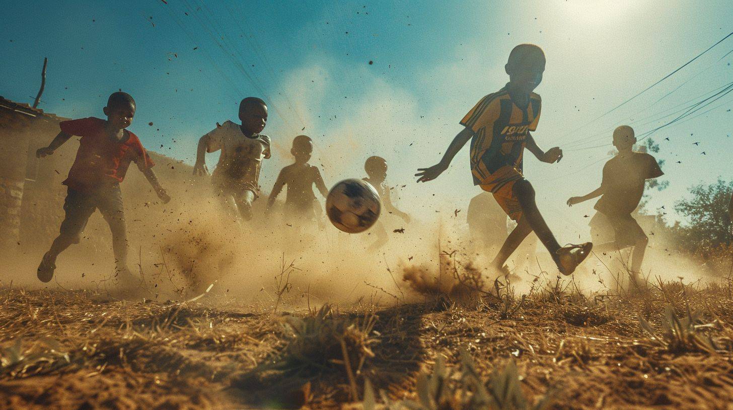 Documentary style, candid snap of [a group of children] [playing soccer] [in a dusty village field] [at midday]. Vibrant dramatic, intense setting. Captured on a digital camera, action narrow angle --ar 16:9.