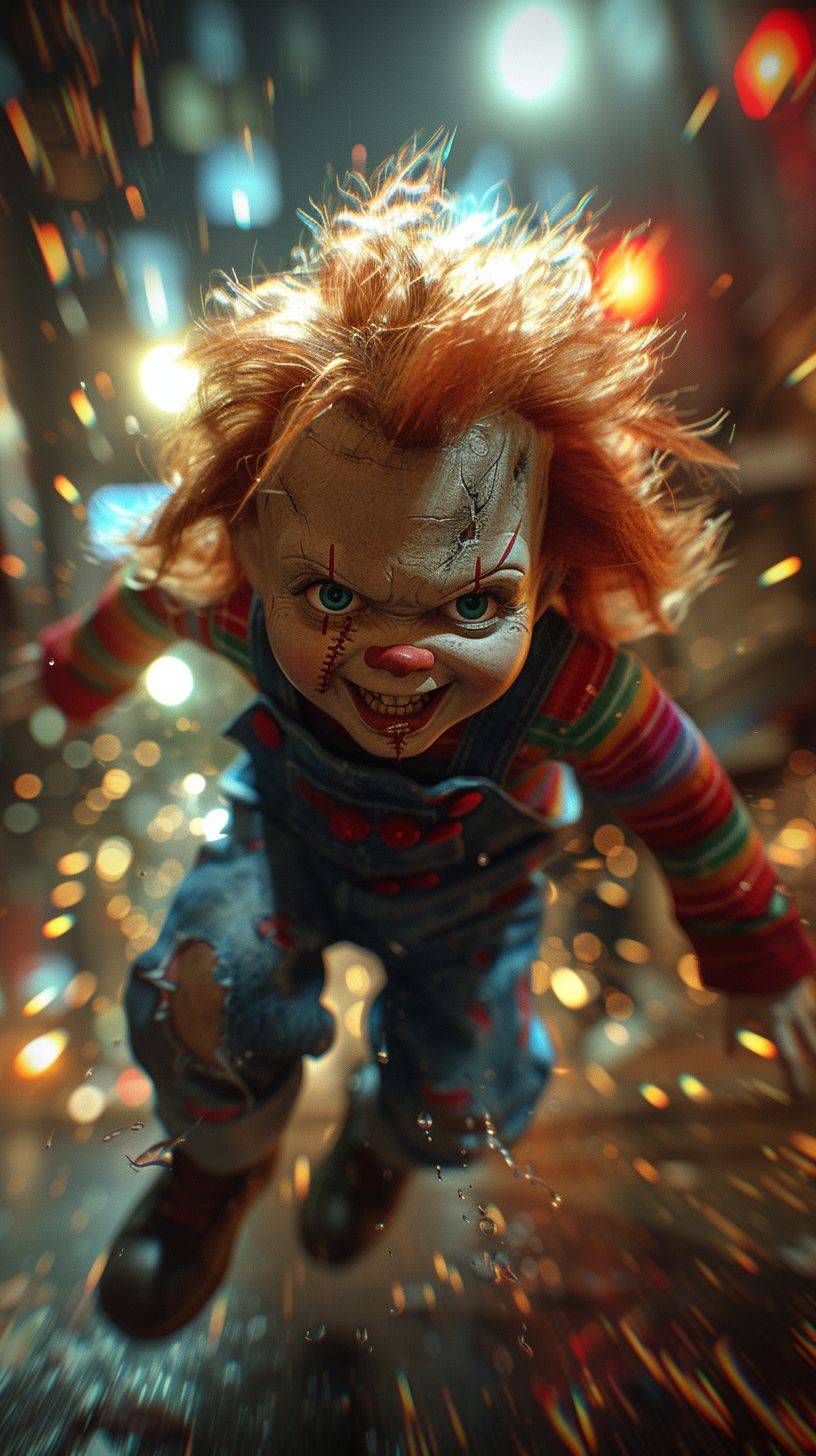 Chucky running with a knife, frontal shot, Motion Blur, 3D style realistic