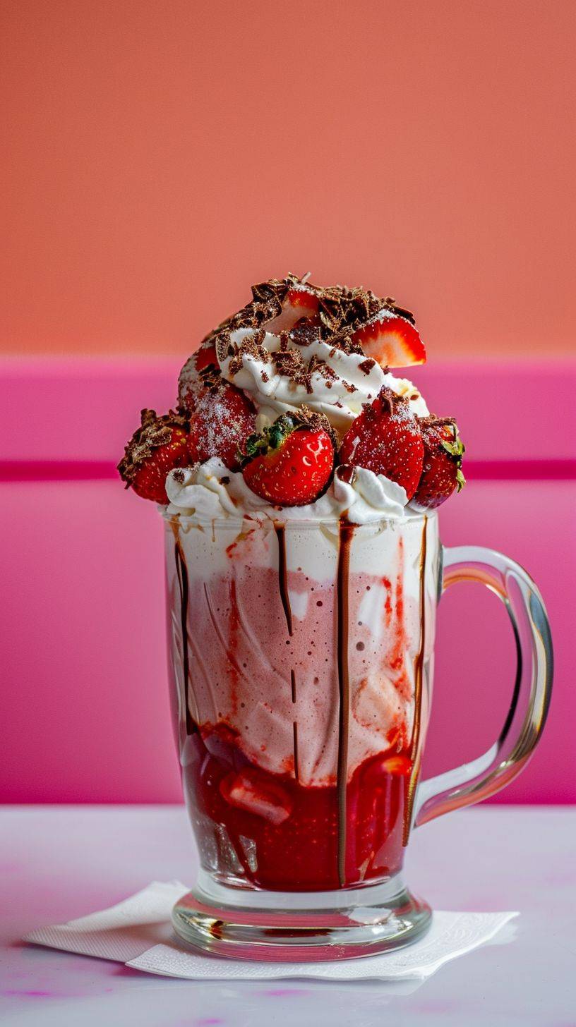 Strawberry smoothie topped with whipped cream and chocolate served on a glass mug on top of a white table and a pink wall in the background, captured by Nikon D7000, centered, perfect composition