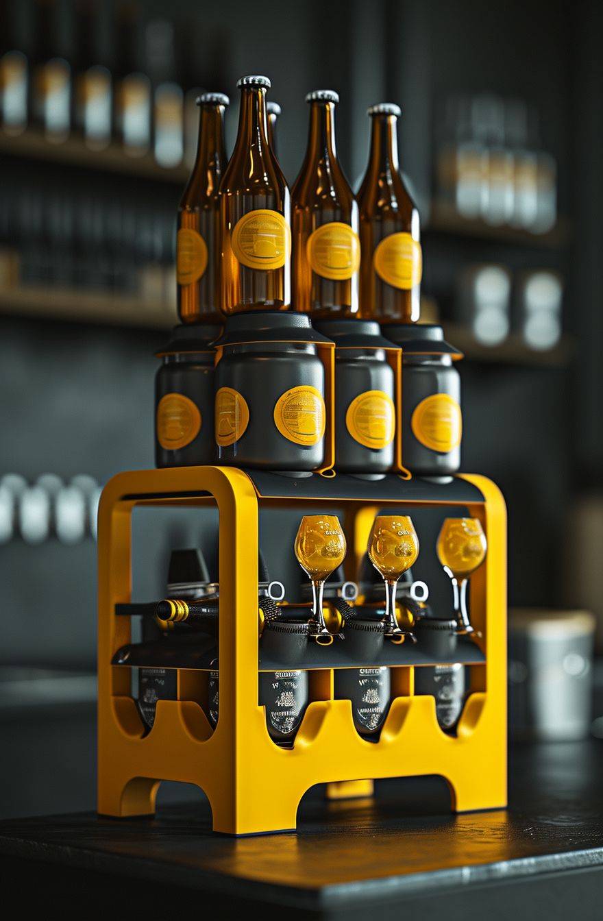 Swiss schnapps display stand for beer, in the style of pop-inspired imagery, milleniwave, dark yellow and dark silver, sketchfab, tweencore, heidelberg school, wrapped