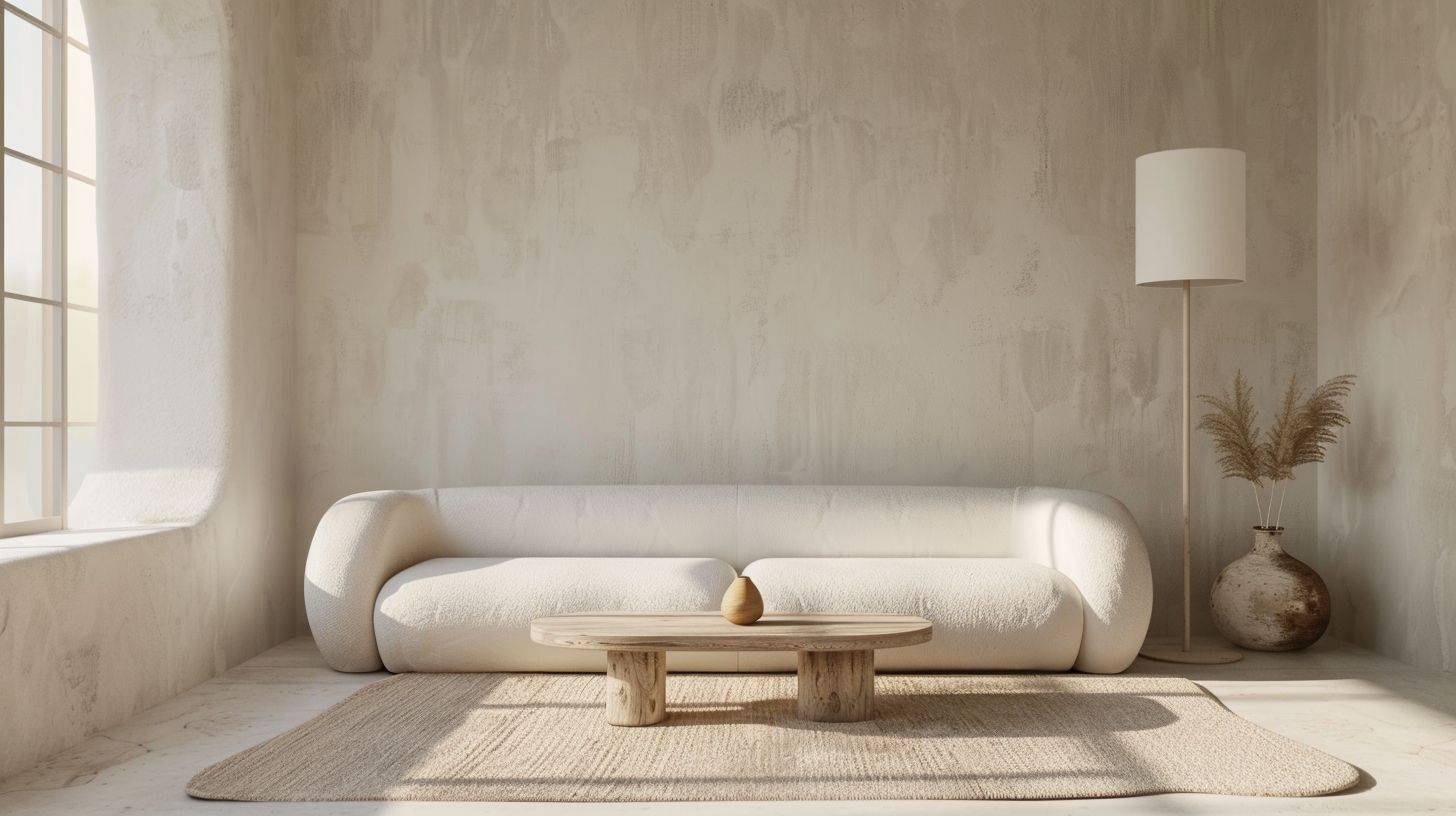 ultra realistic minimalistic interior design with a white window on the left, light cream fluffy sofa facing frontwards, light wooden low coffee table, white designer floor lamp and ceramic vases beside the sofa, white rough and reflective microcement floors and wall, rug made of rattan, early afternoon, ultra realistic details, organic curves