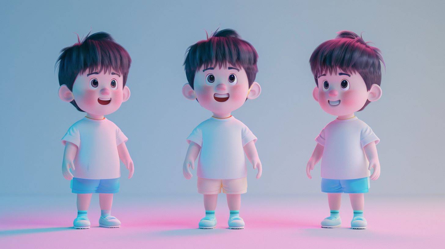 Blind box IP style, full body view, front view, left view, rear view, a cute little boy looking at the audience, smiling, wearing short sleeves, shorts, sneakers, standing naturally, bubble matte style, pink blue, pure white background, 3D, 8K, best quality, super detail, C4D, mixer, OC shader, ultra high definition, ray tracing, 3D effect