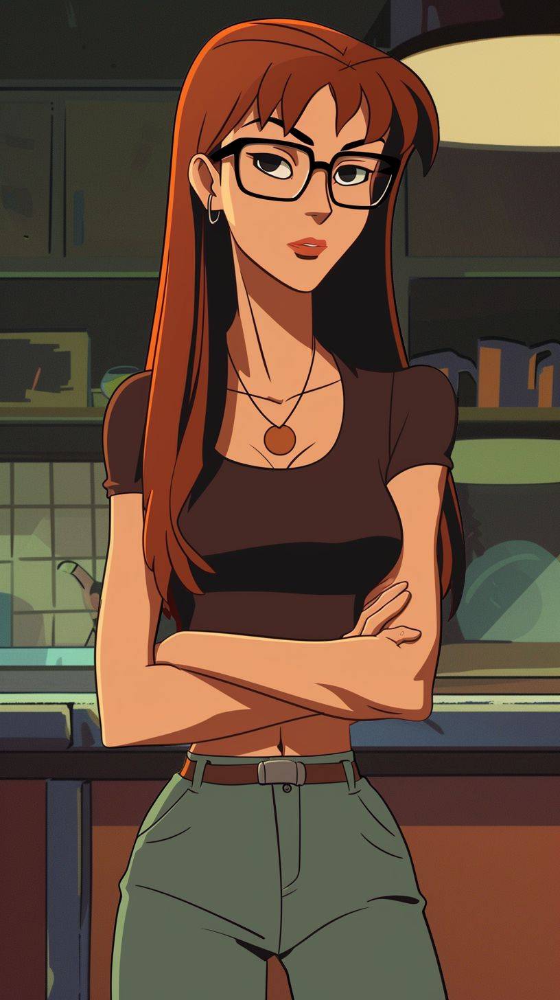 Daria Morgendorffer is the main character of the animated series Daria, with a serious expression and a charismatic look, she is a hot and beautiful woman with excellent figure and charming shapes, wearing glasses.