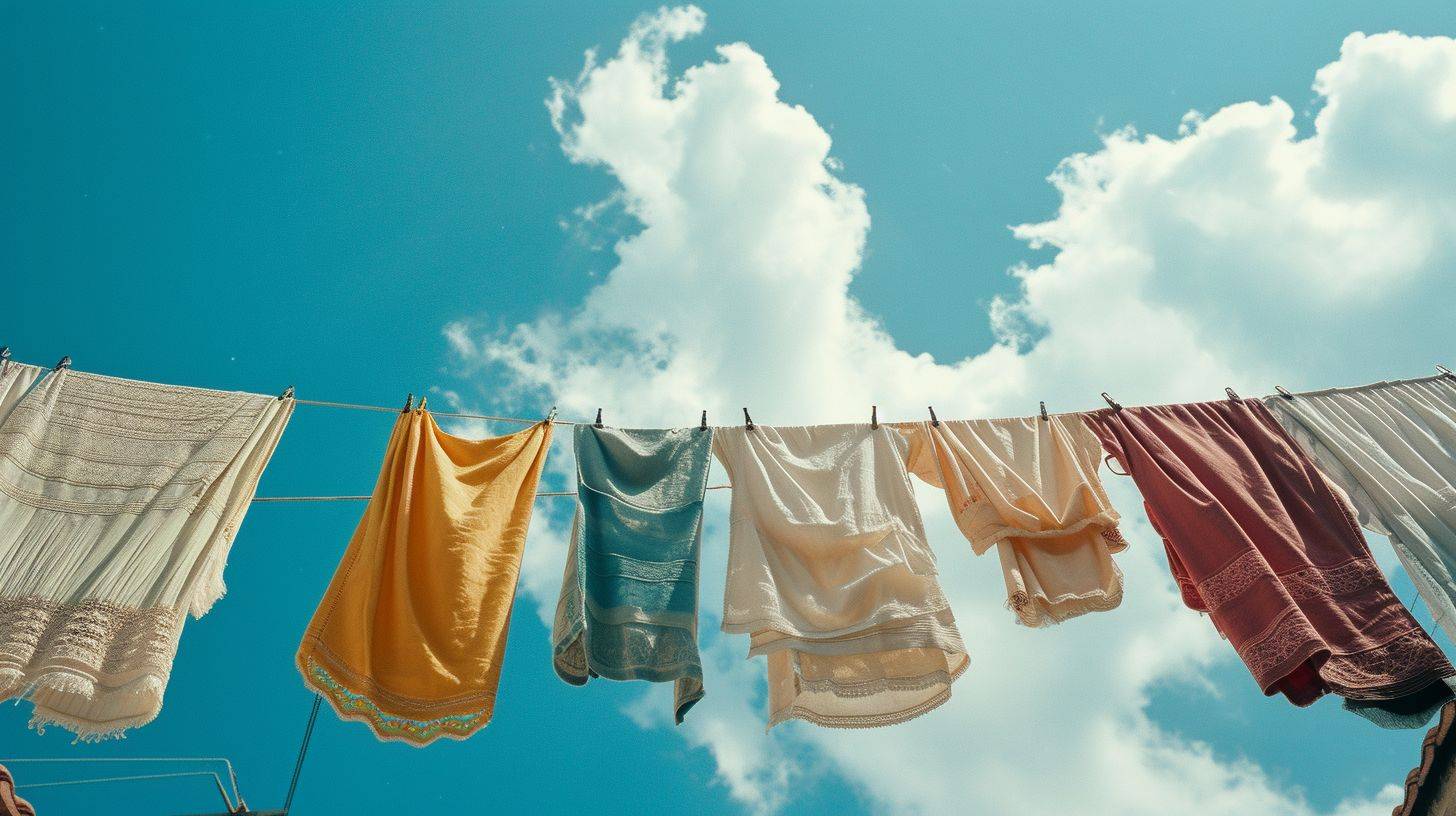 The timeless ritual of laundry day captured with clothing hung out to dry in the warm sun, the subtle interplay of light and shadow on the fabric against the vivid blue sky shot on Fujifilm, Fujicolor C200, depth of field emphasized