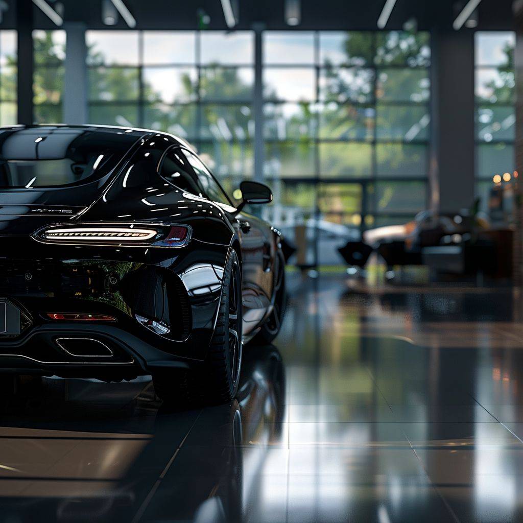 Car with sun light in a showroom, focus stacking, multi-layered, rounded, neo-plasticist, ue5