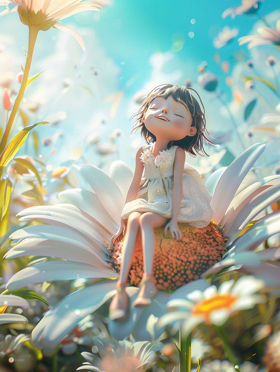 It's spring, a super cute little girl IP sitting on a huge flower as if dreaming, sunny day, chibi, 3D, natural lighting, full body portrait, 8k best quality, super detail, super detail, Ultra HD --ar 3:4