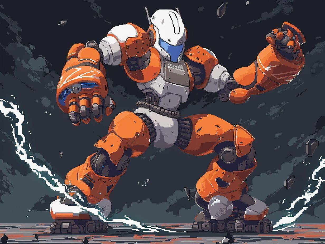 Pixelart, 2D game art, Artificial intelligence robot as a Street Fighter character, Neo-Geo, dynamic pose