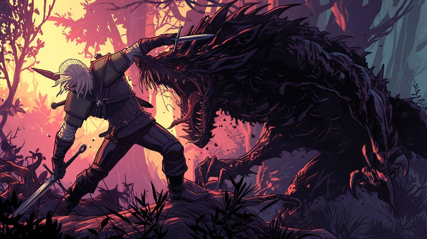 Geralt of Rivia is depicted fighting a monster in the forest in the style of detailed comic book art, with full body intensity, using light magenta and dark gray, foreshortening techniques, cartoon violence, Tintoretto, dark gray and sky-blue, and sharp edges.